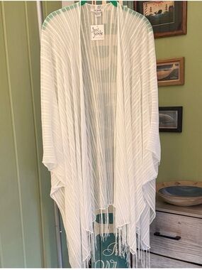 NWT Just Jamie White Sheer Striped Fringe Kimono